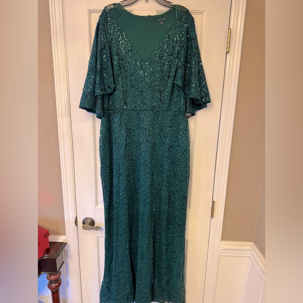MARINA Green Lace Gown with Flutter Sleeves